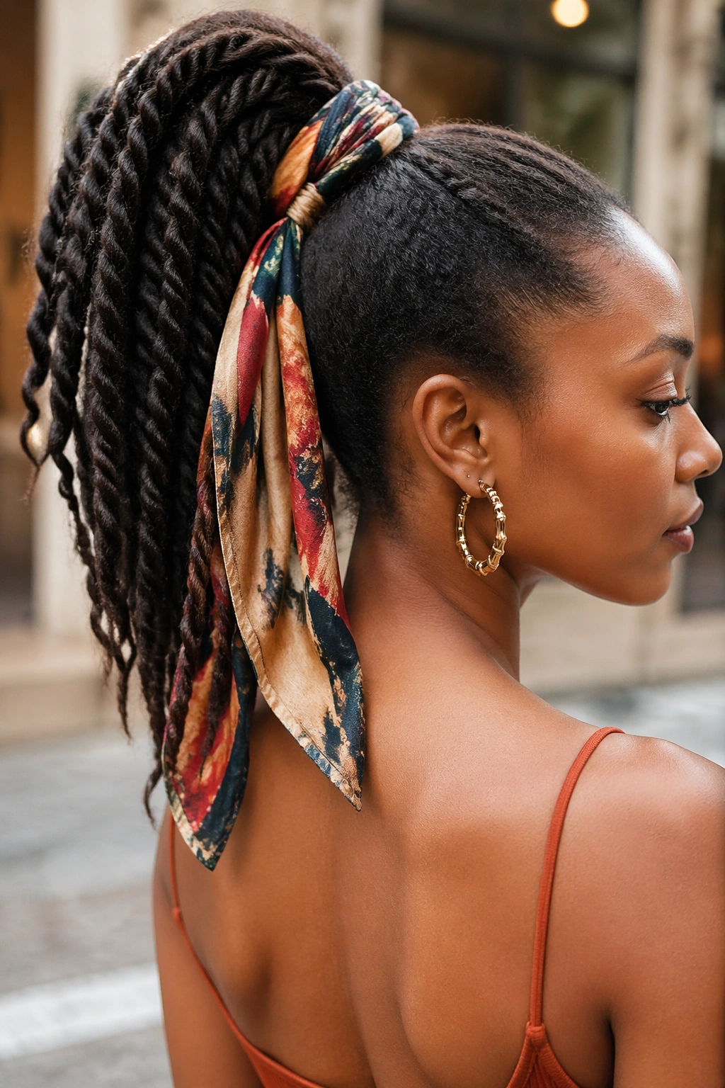 Close-up of scarf-wrapped twist ponytail with scarf around base