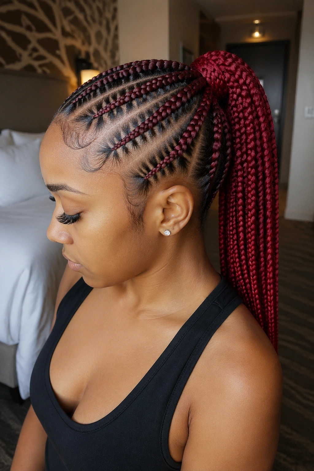 Real woman with scarlet feed-in braided ponytail showing braid detail and long tail