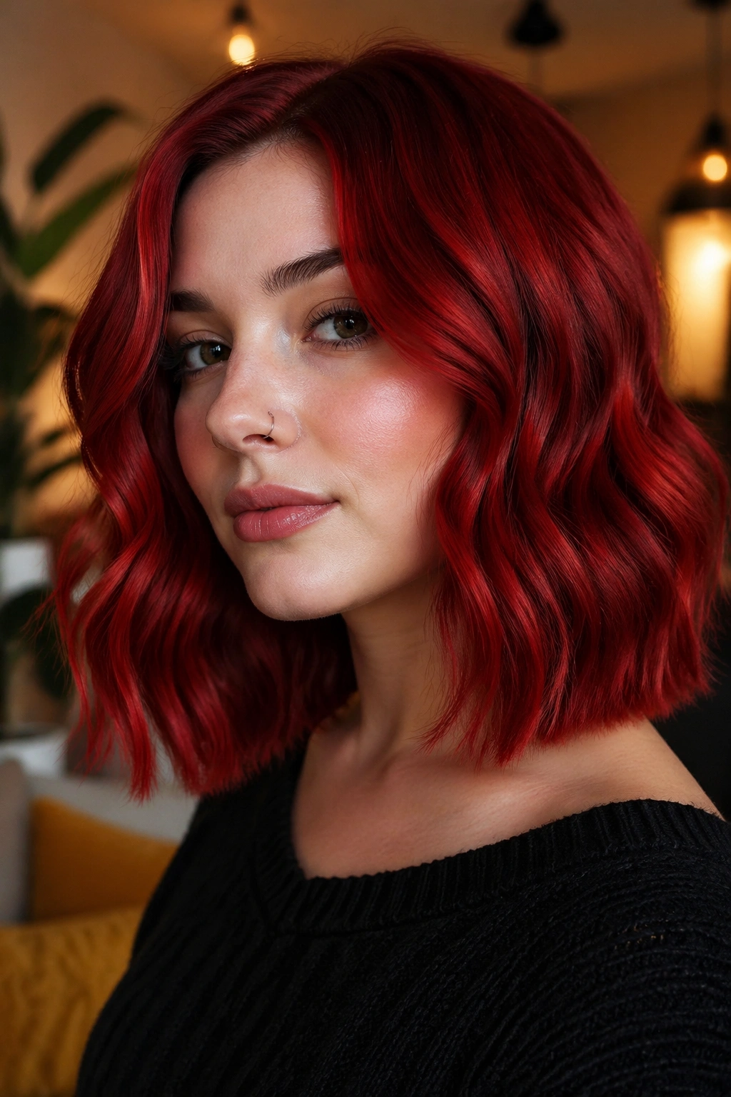 Close-up of a real woman with scarlet blunt-ended waves