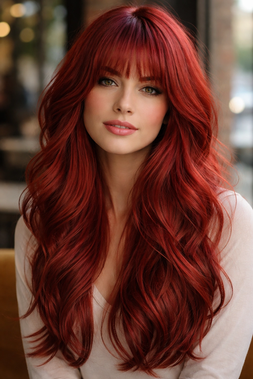 Portrait of a woman with scarlet red long layers and fringe
