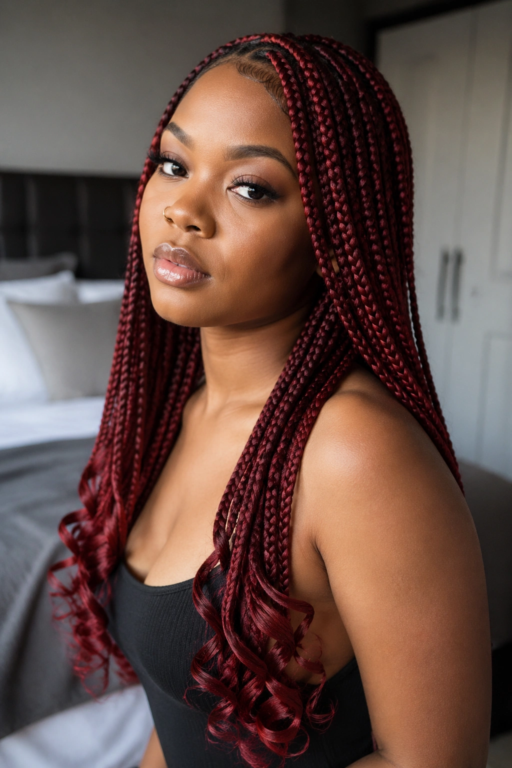 Portrait of a woman with scarlet knotless braids and curled ends in a bedroom setting.