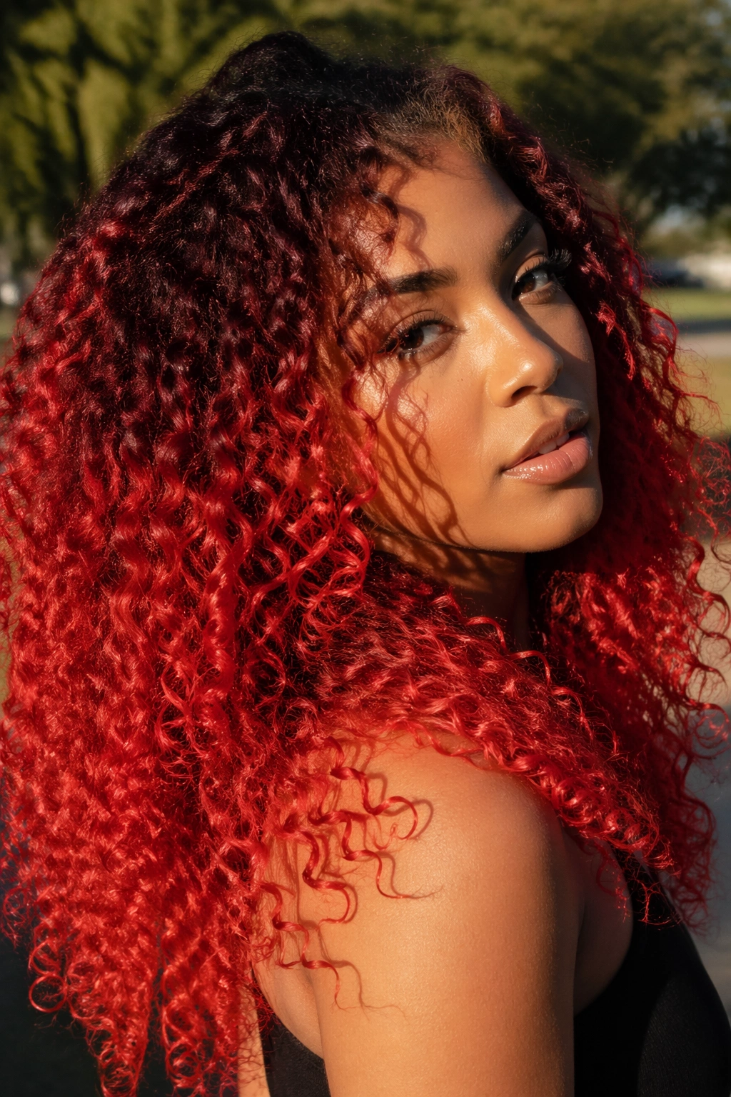 Real woman with scarlet ombre curls, darker roots lighter ends