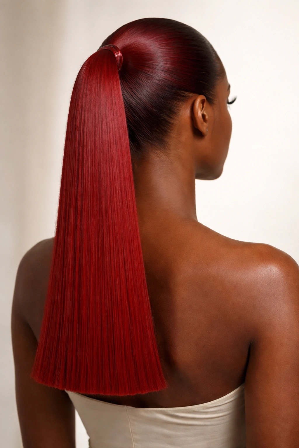 Scarlet sleek ponytail with blunt ends viewed from behind