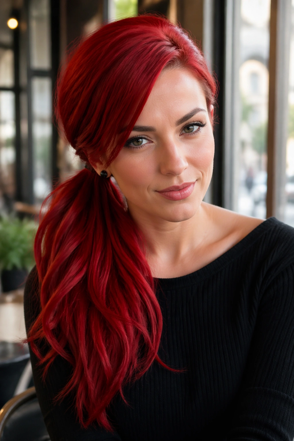 Real woman with side-swept scarlet ponytail over shoulder