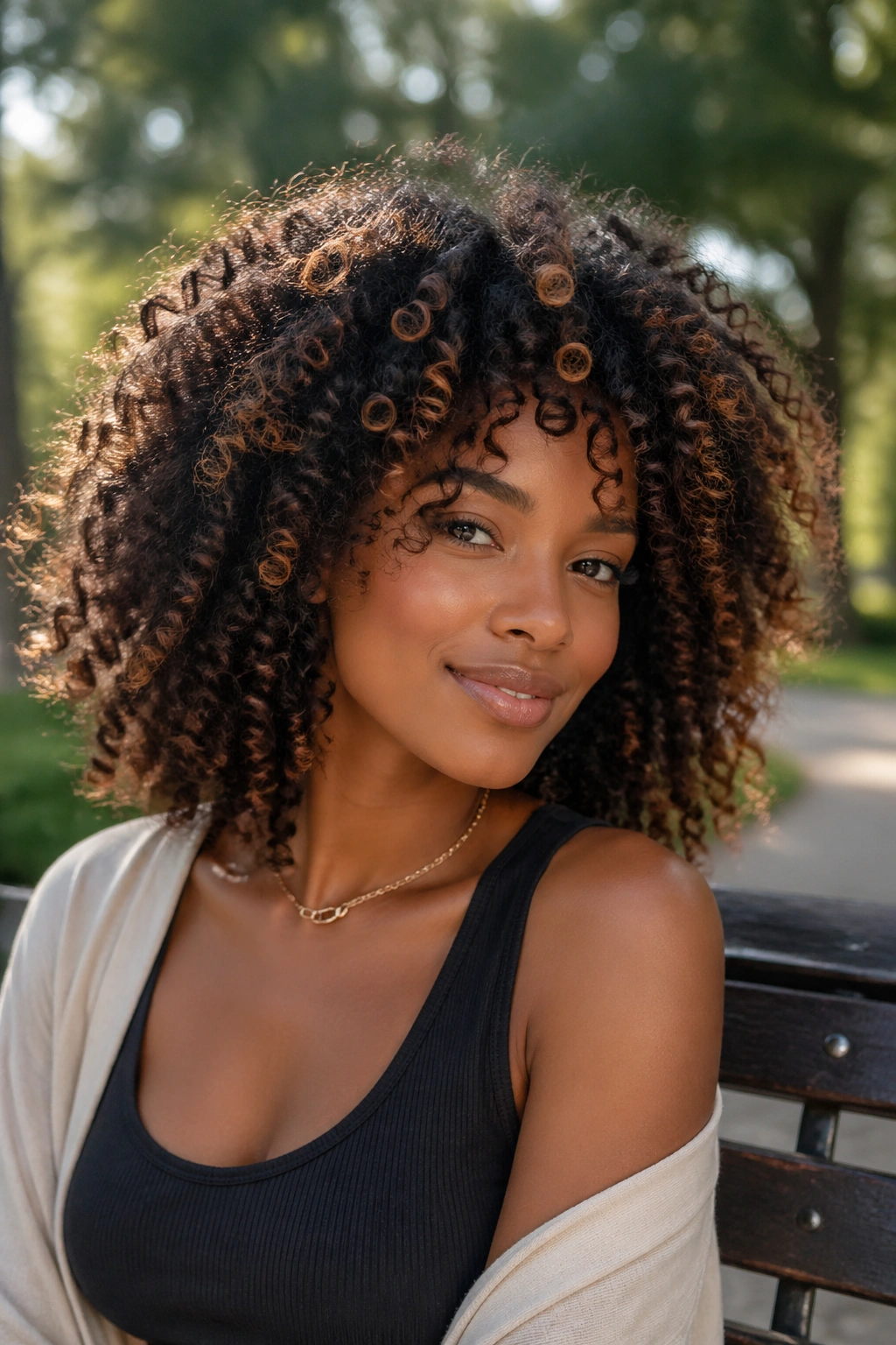 Real woman with scattered highlights in curly hair outdoors