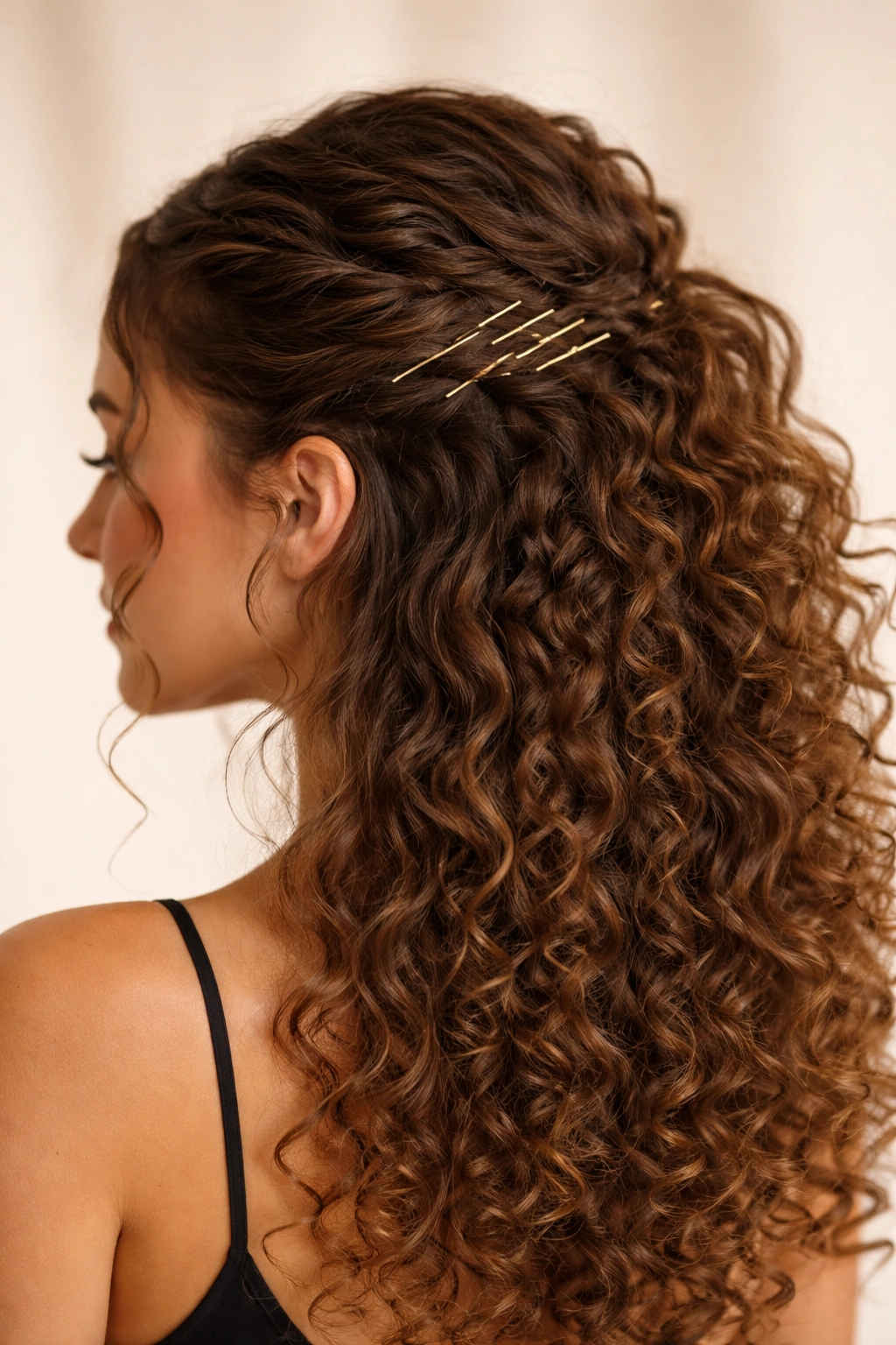 Close-up of scattered pins securing a half-up style on natural curls