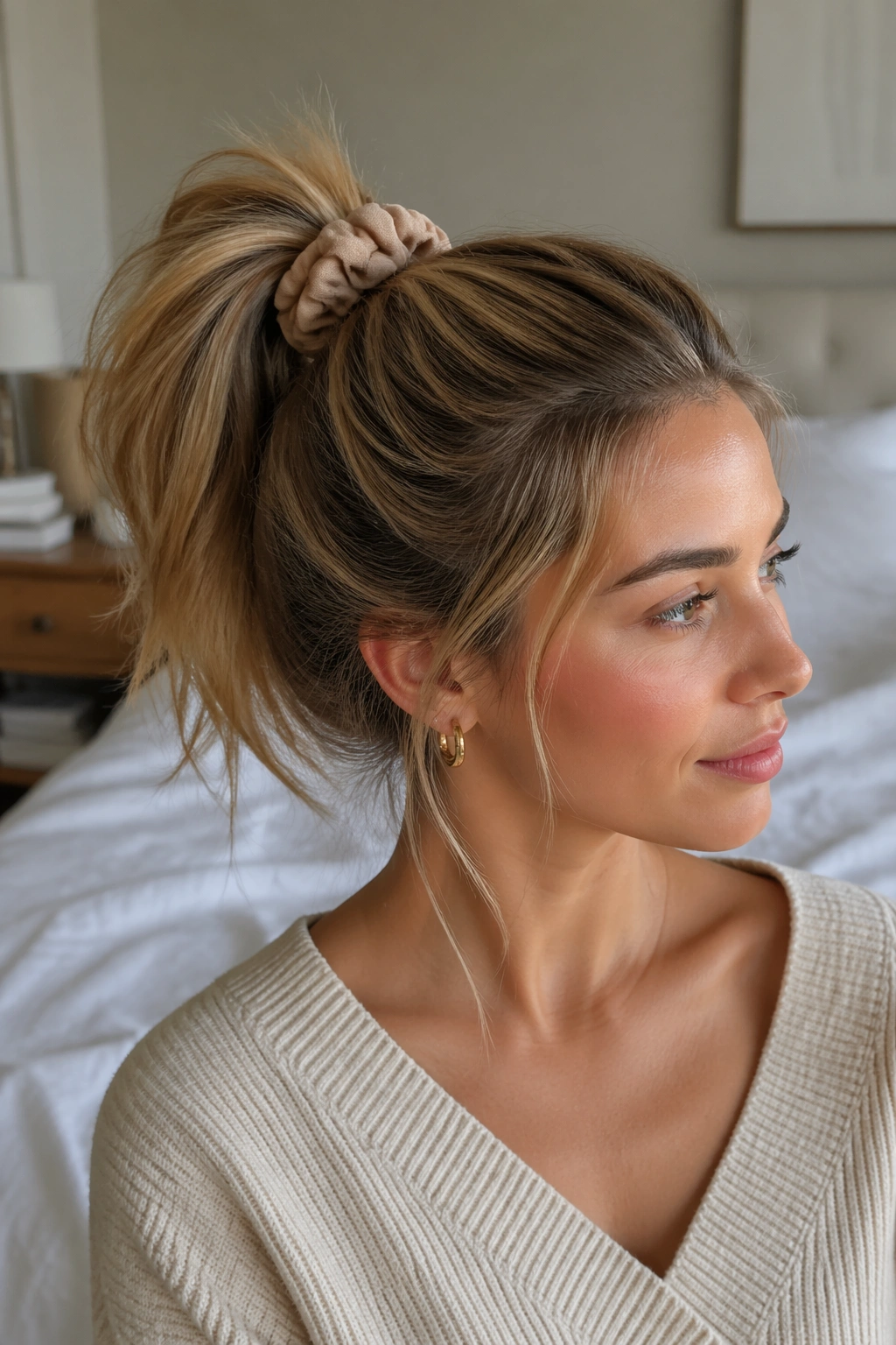 Close-up of a real person wearing a medium scrunchie in a high ponytail.