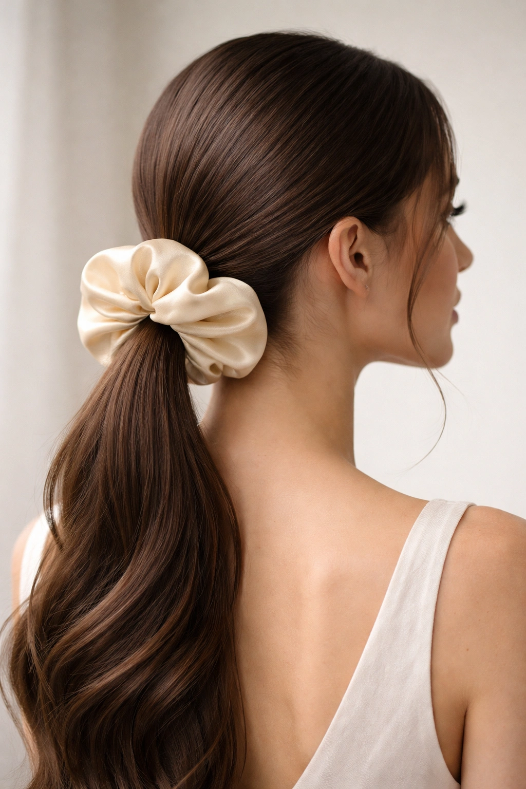 Low ponytail with an oversized textured scrunchie at the base.
