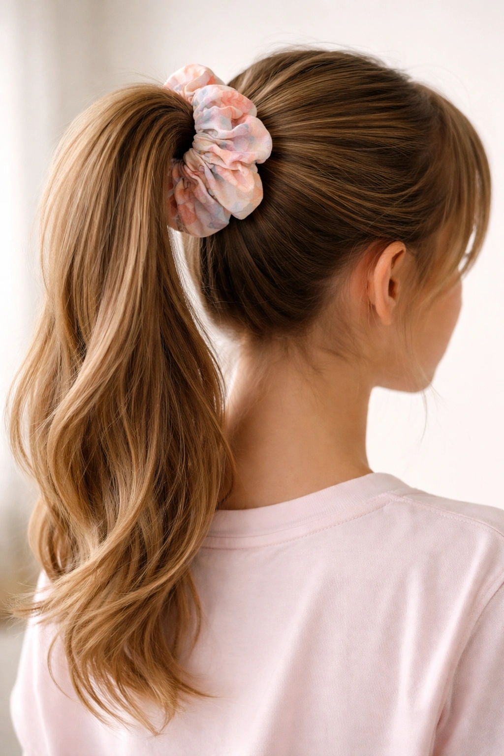 Close-up of a high ponytail with a thick scrunchie and hidden elastic