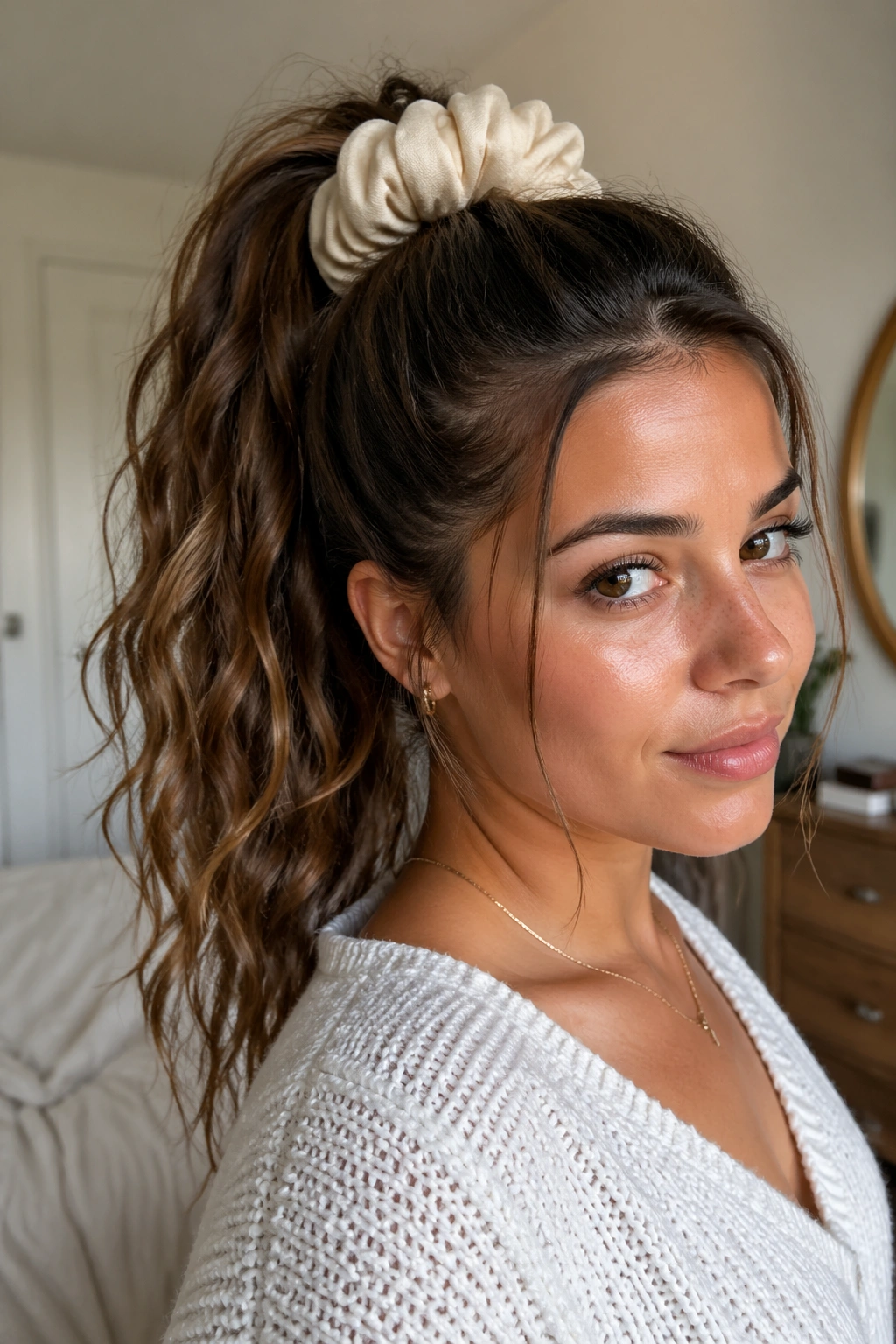 Close-up of a real woman with a thick ponytail and large scrunchie