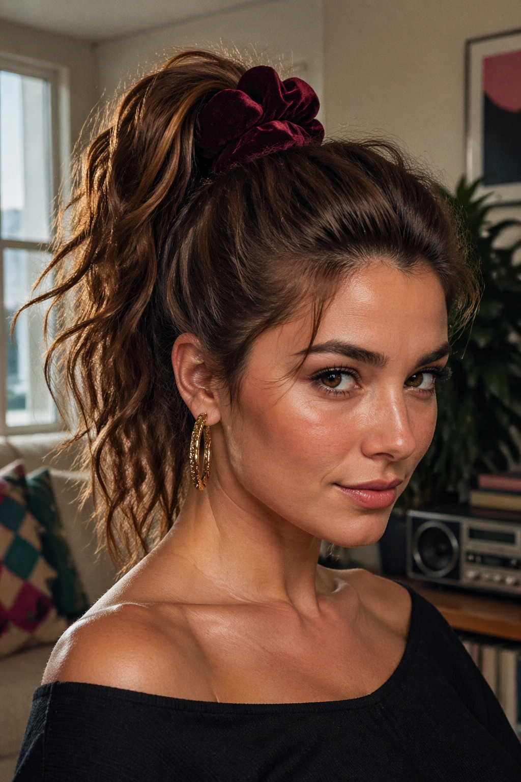 Real woman wearing a velvet scrunchie high ponytail with crown volume