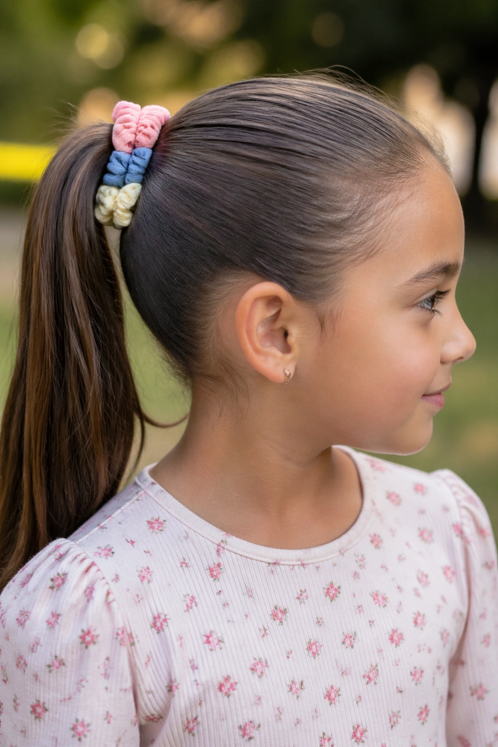 Close-up of child with scrunchie-stack sleek ponytail showing multiple scrunchies along a smooth ponytail