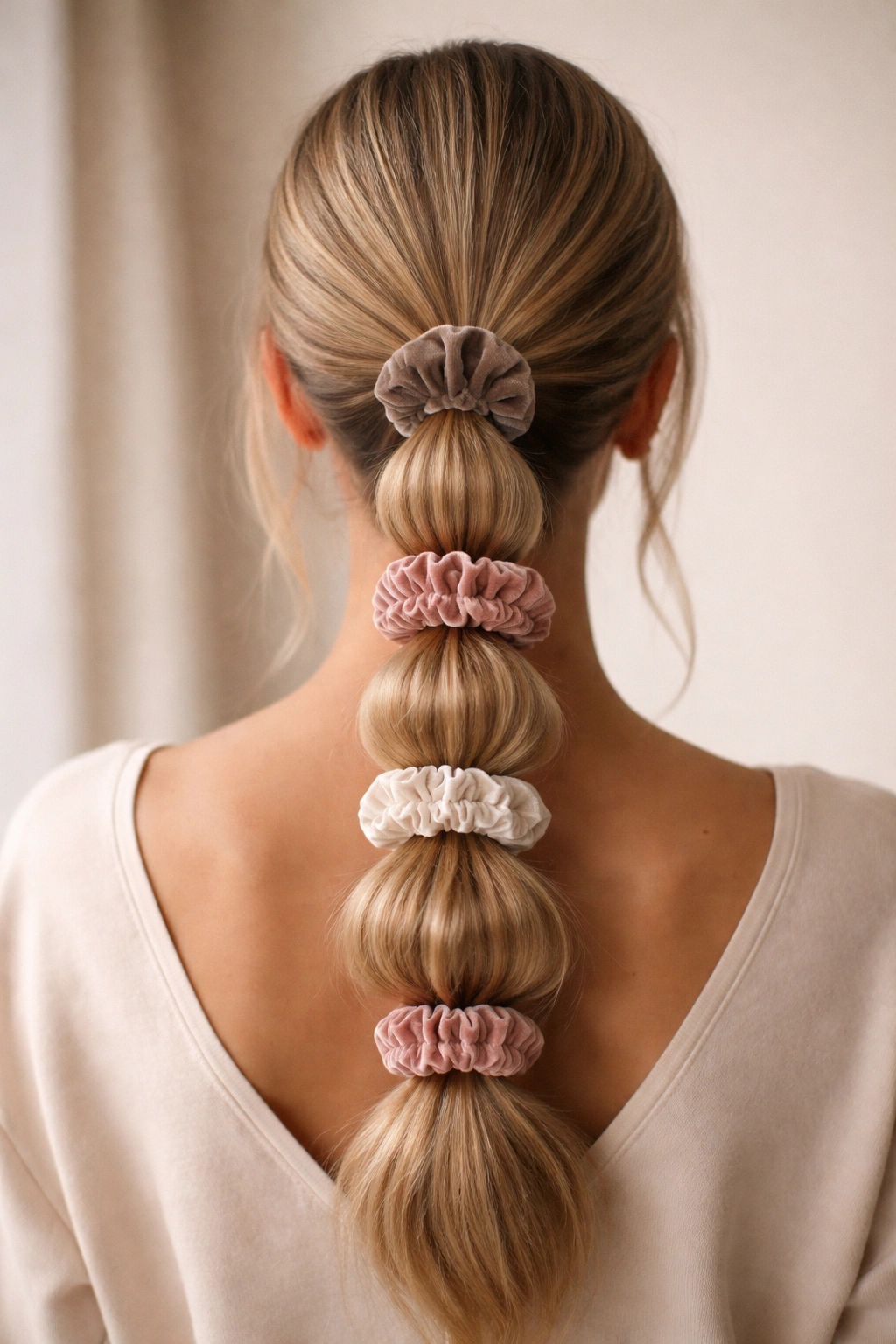 Bubble low ponytail with stacked mini scrunchies along the length