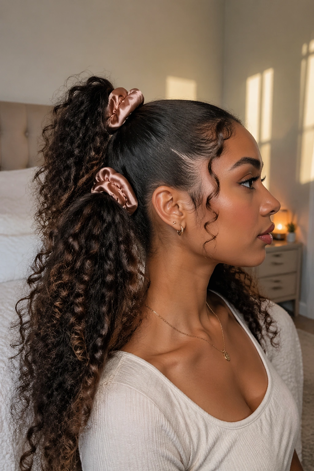 Close-up of a real woman wearing scrunchie-stack double ponytails