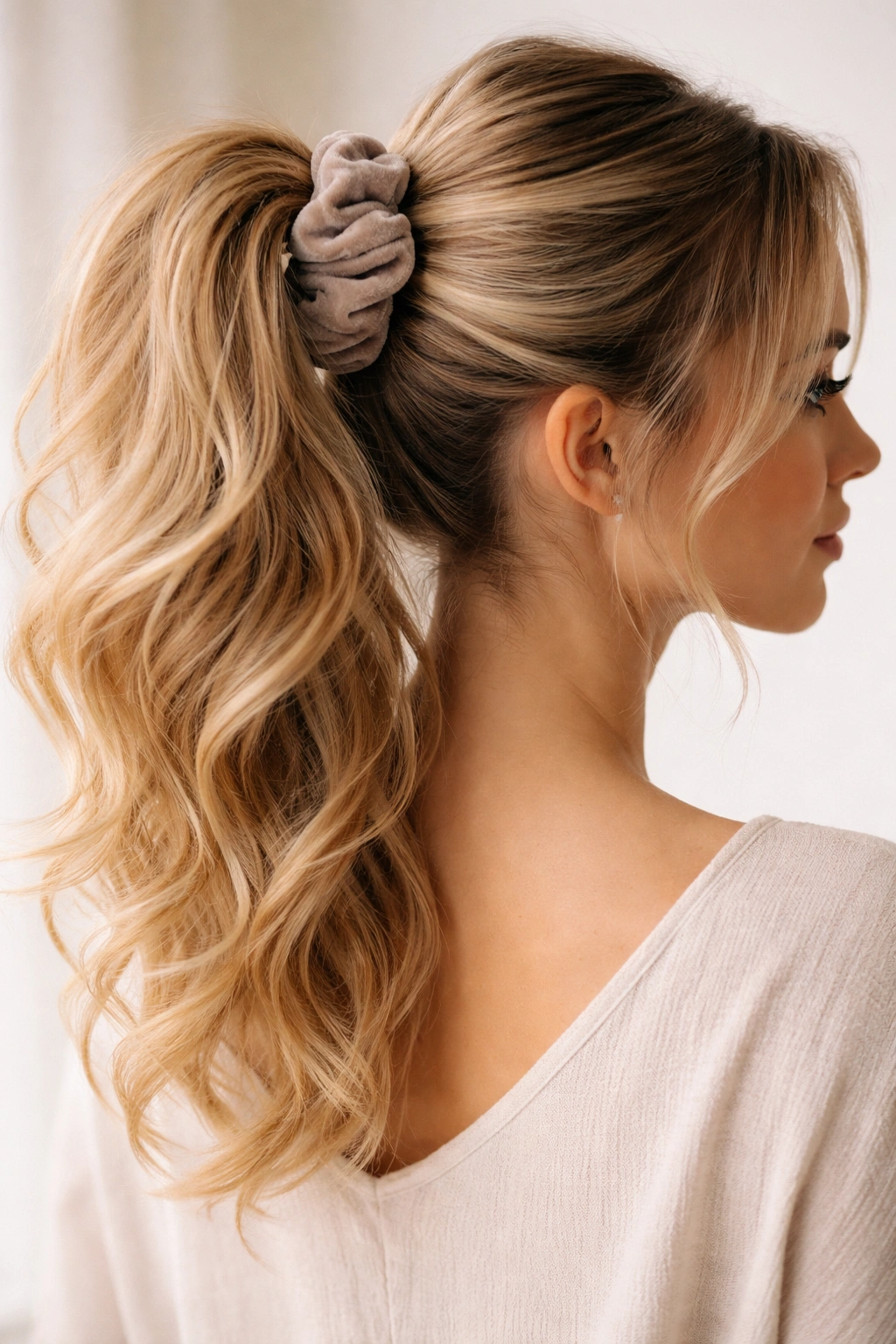 High ponytail with a large velvet scrunchie adding volume and texture
