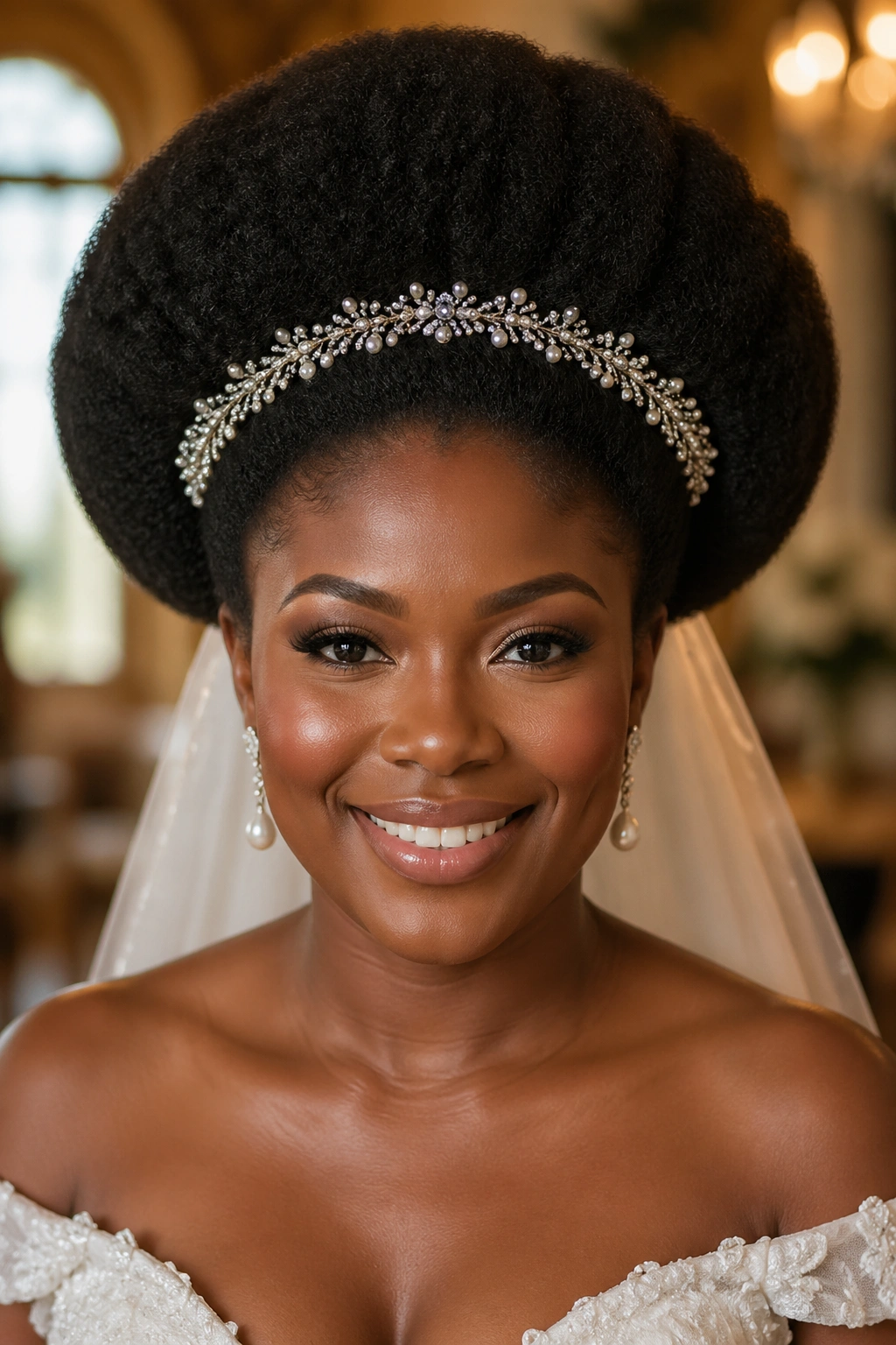 Close-up of a real bride with a sculpted, symmetrical afro