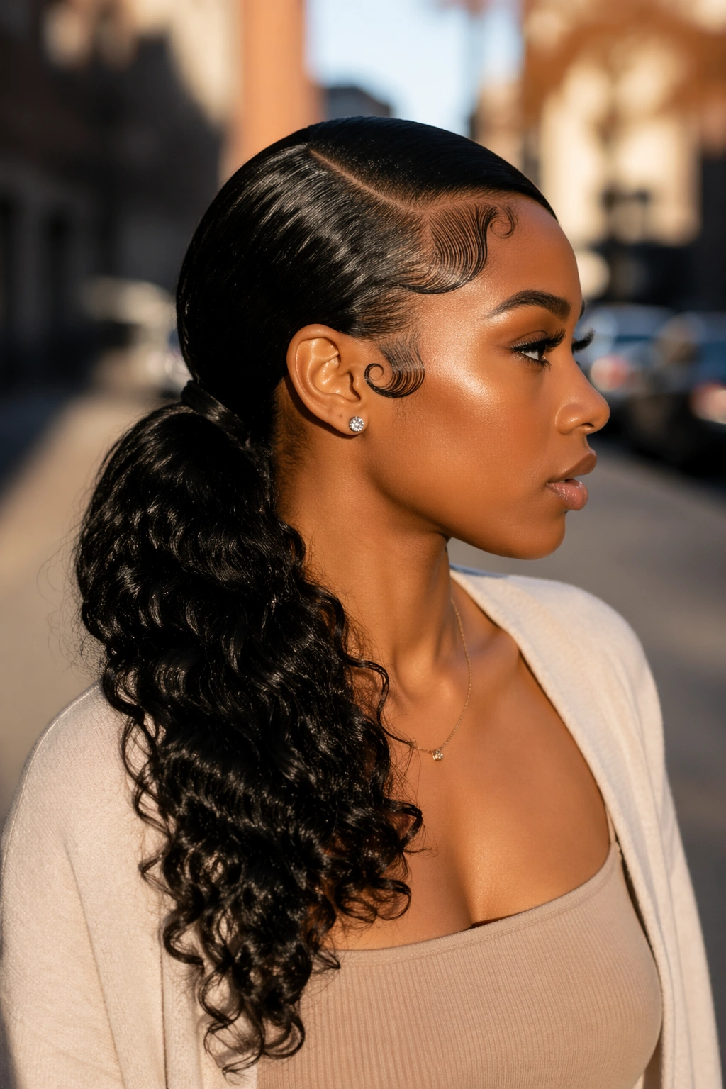 Side-profile of sculpted baby-hair edges at a low side ponytail.