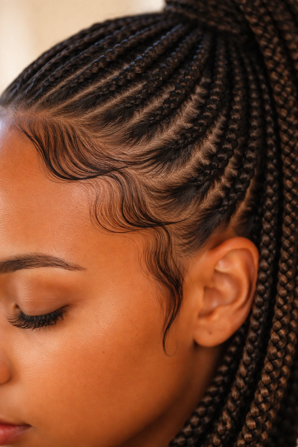 Close-up of sculpted baby hairs along hairline blending into braids