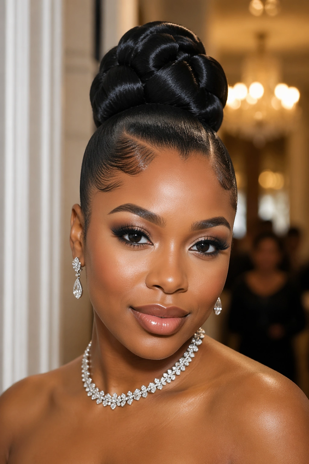 Close-up portrait of a real Black woman with a sculpted event bun under ballroom lighting.