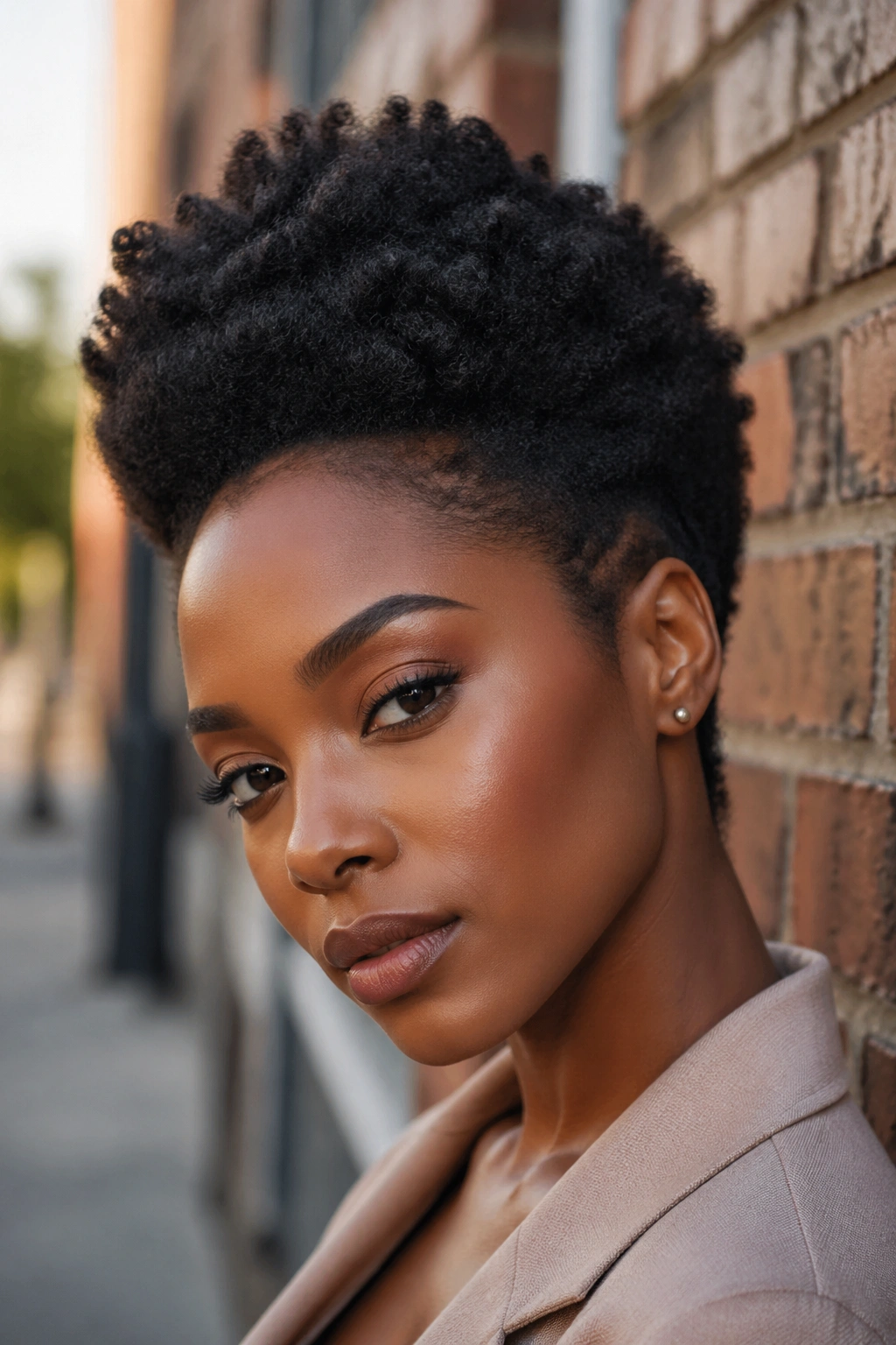 Portrait of a real woman with a sculpted crown and soft sides
