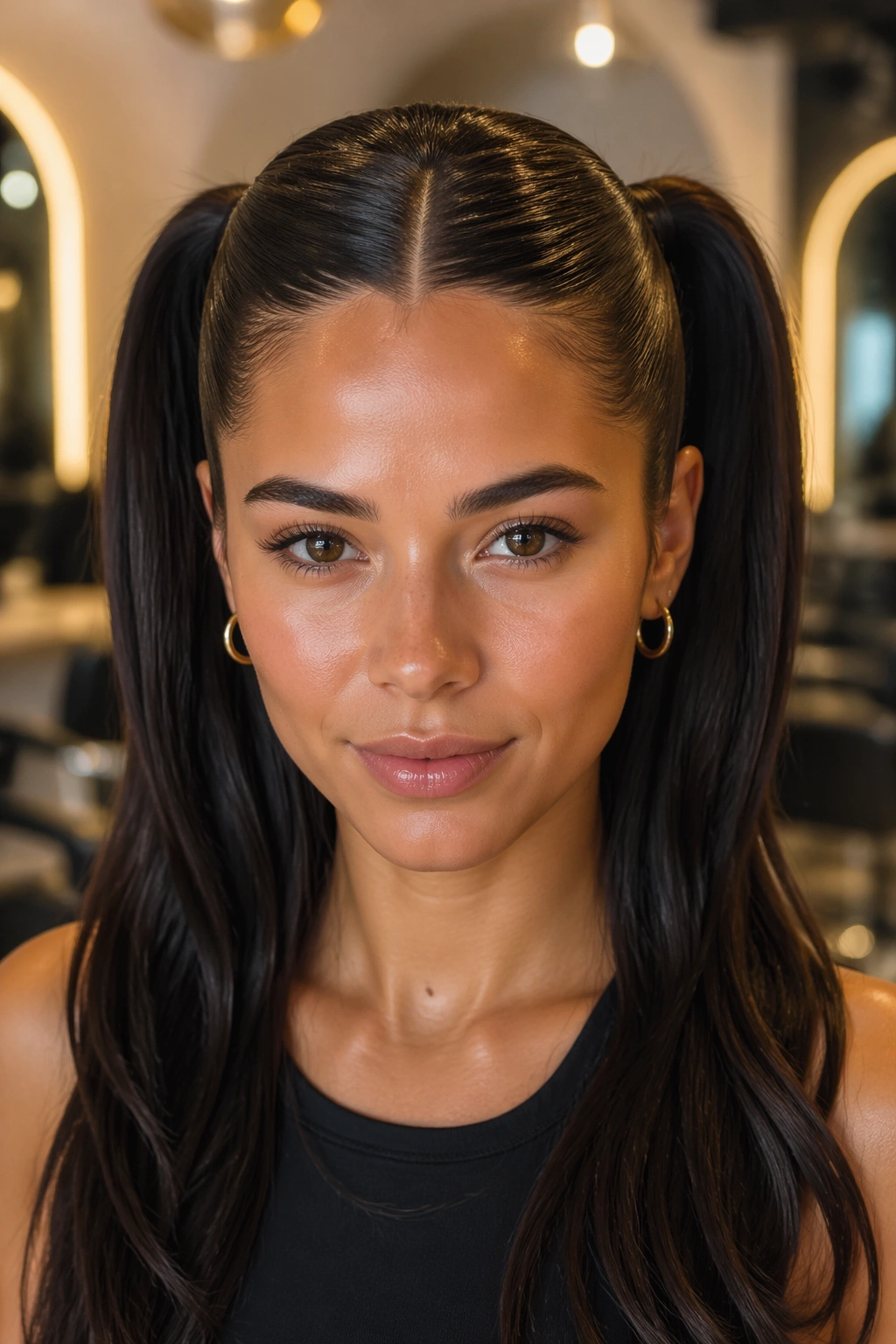 Close-up of a real woman with sculpted crown double ponytails in a chic salon