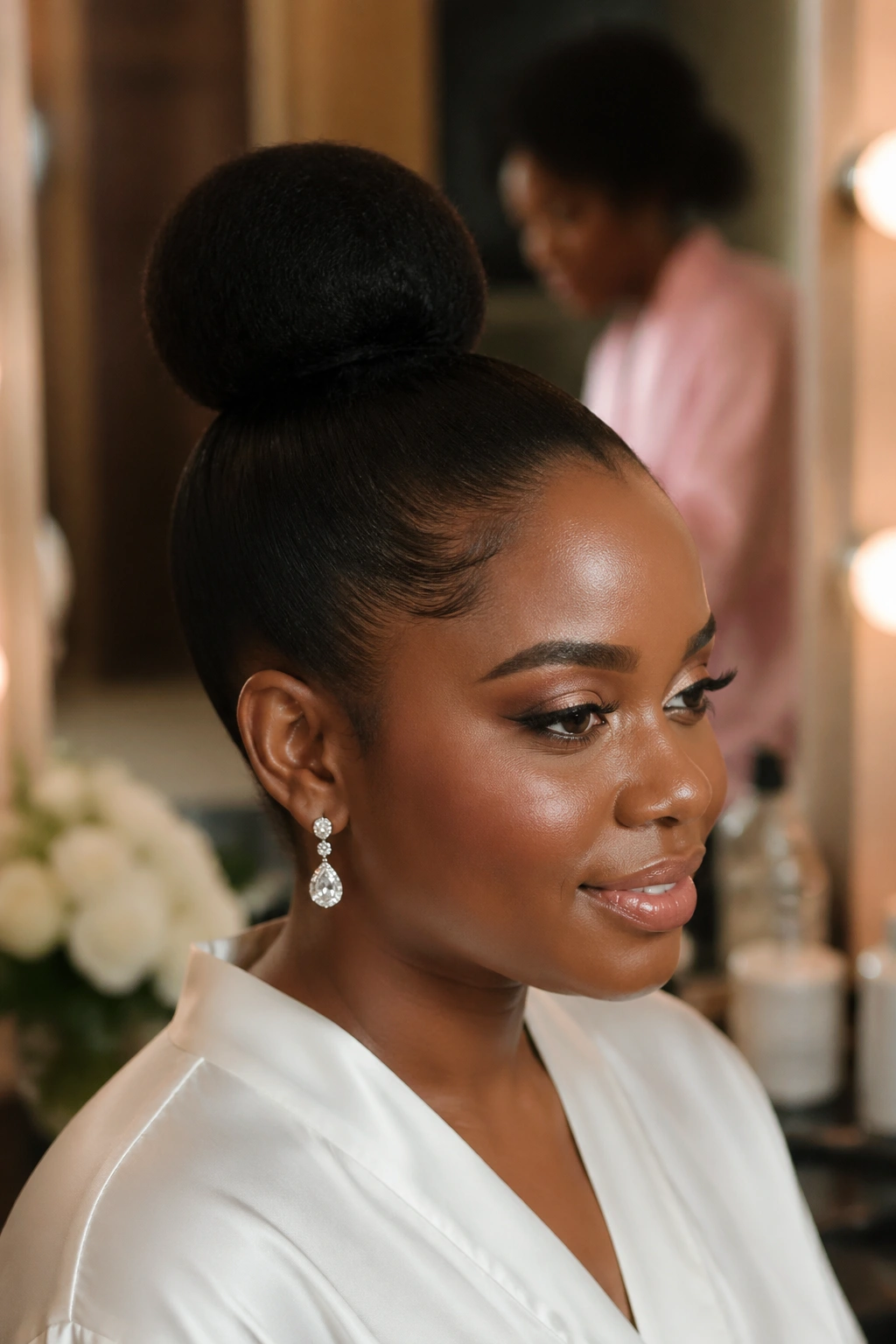 Close-up of a woman with a sculpted high bun in wedding prep area.