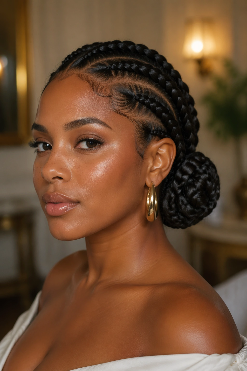 Close-up profile of a woman with four braids forming a sculpted low side bun behind the ear.