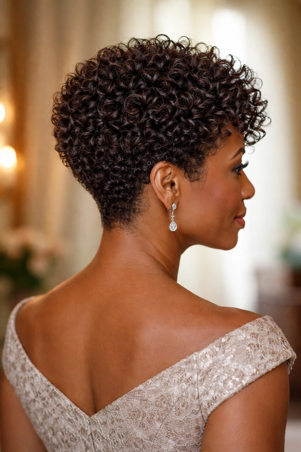 Close-up of sculpted natural curls with a tapered silhouette on a real person.