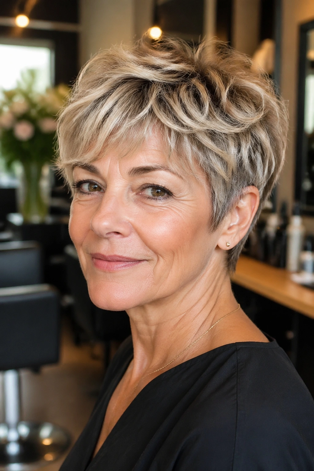 Close-up of a real woman with a sculpted pixie bob in a modern salon