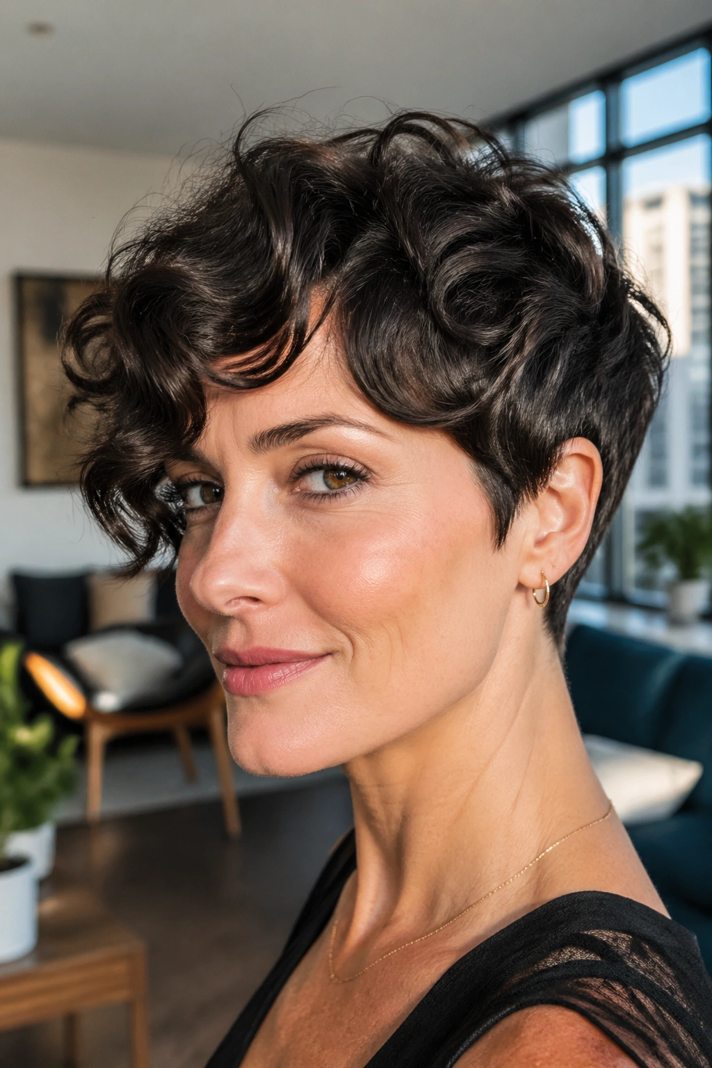 Portrait of a real woman with sculpted pixie for thick waves