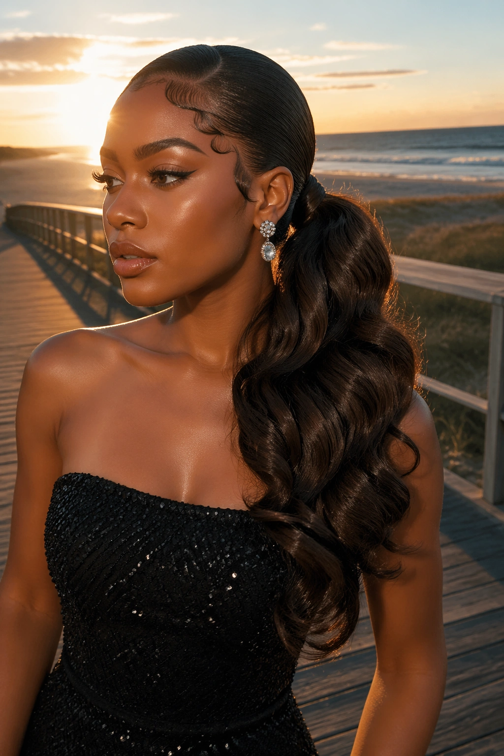 Sculpted side ponytail with defined baby hairs on beach