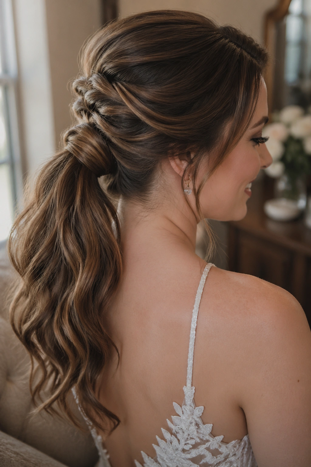 Close-up of a bride's sculpted wrap-and-pin ponytail with folded base movement