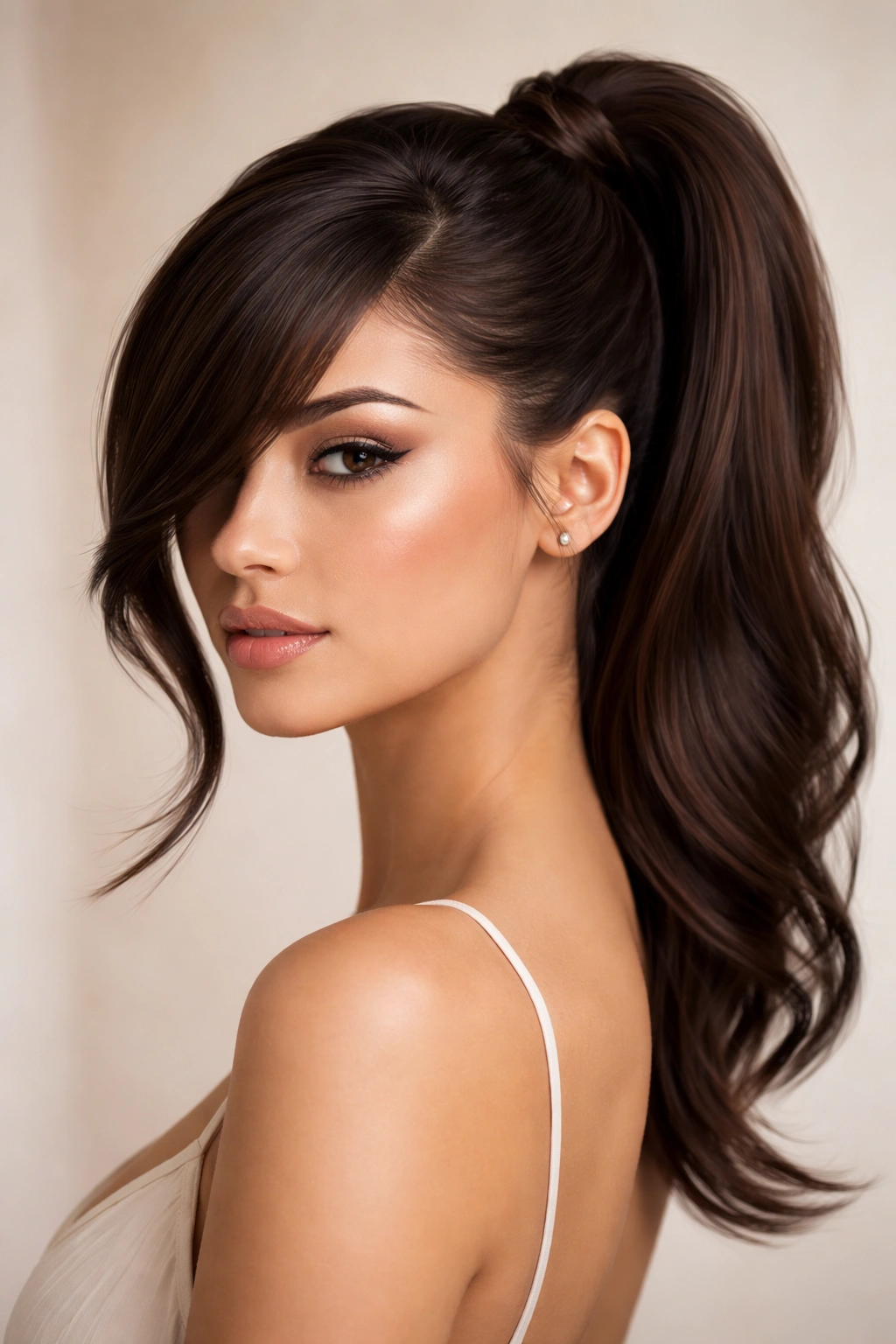 Sculpted ponytail with deep side bangs in a neutral studio