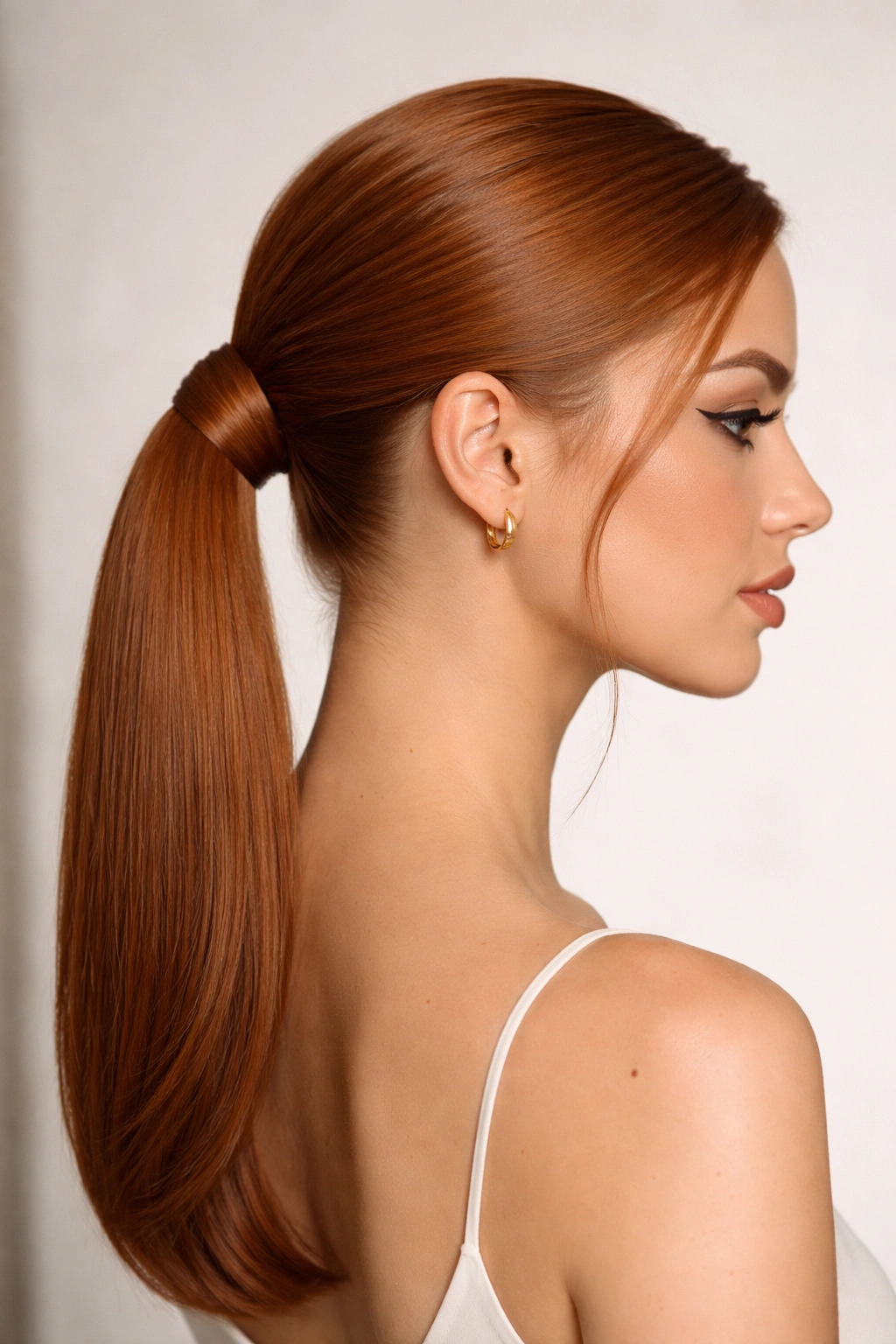 Close-up of a sculpted ponytail with a tucked base on ginger hair showing a smooth, hidden base