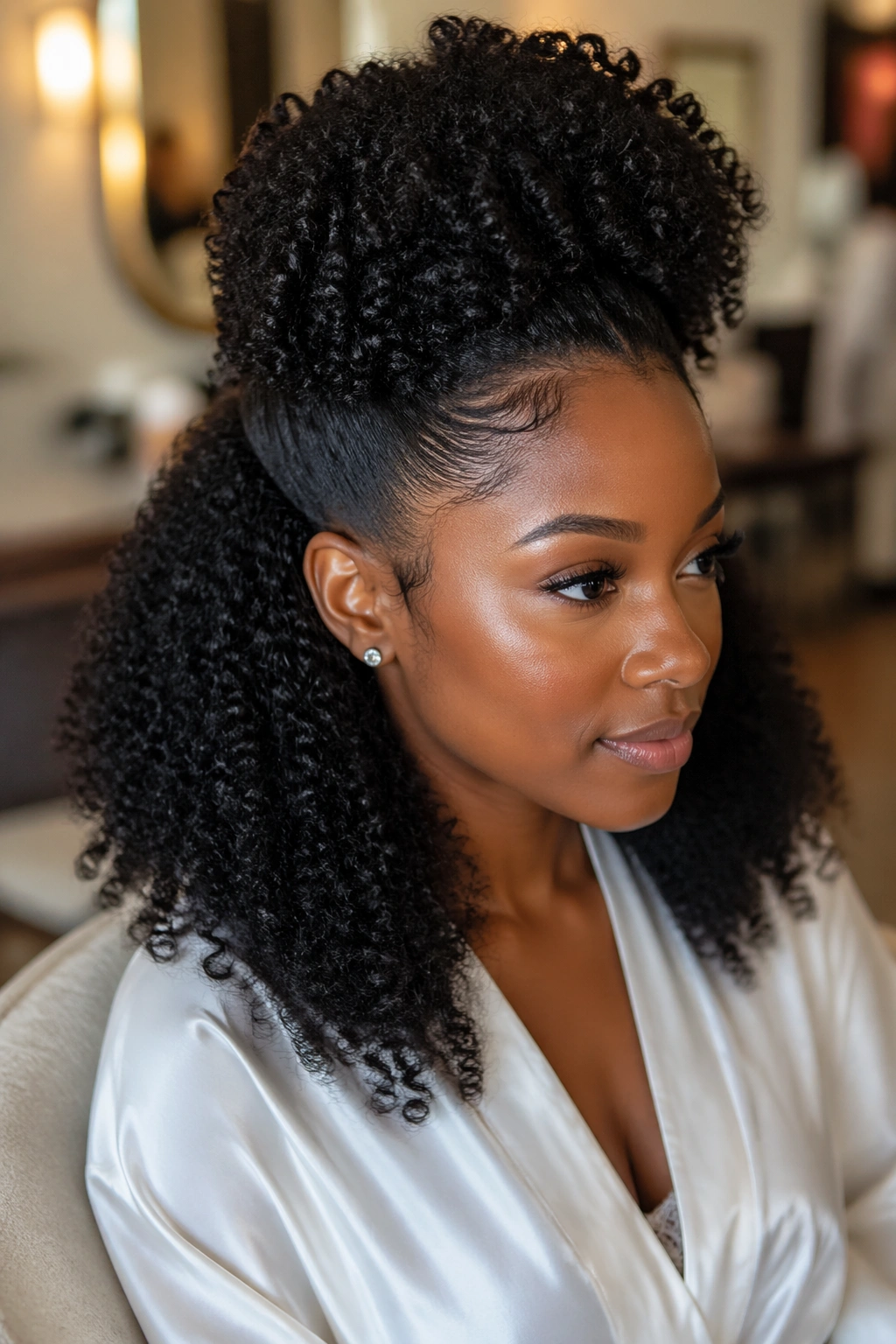 Close-up portrait of a real woman with sculpted puff half up on coily hair