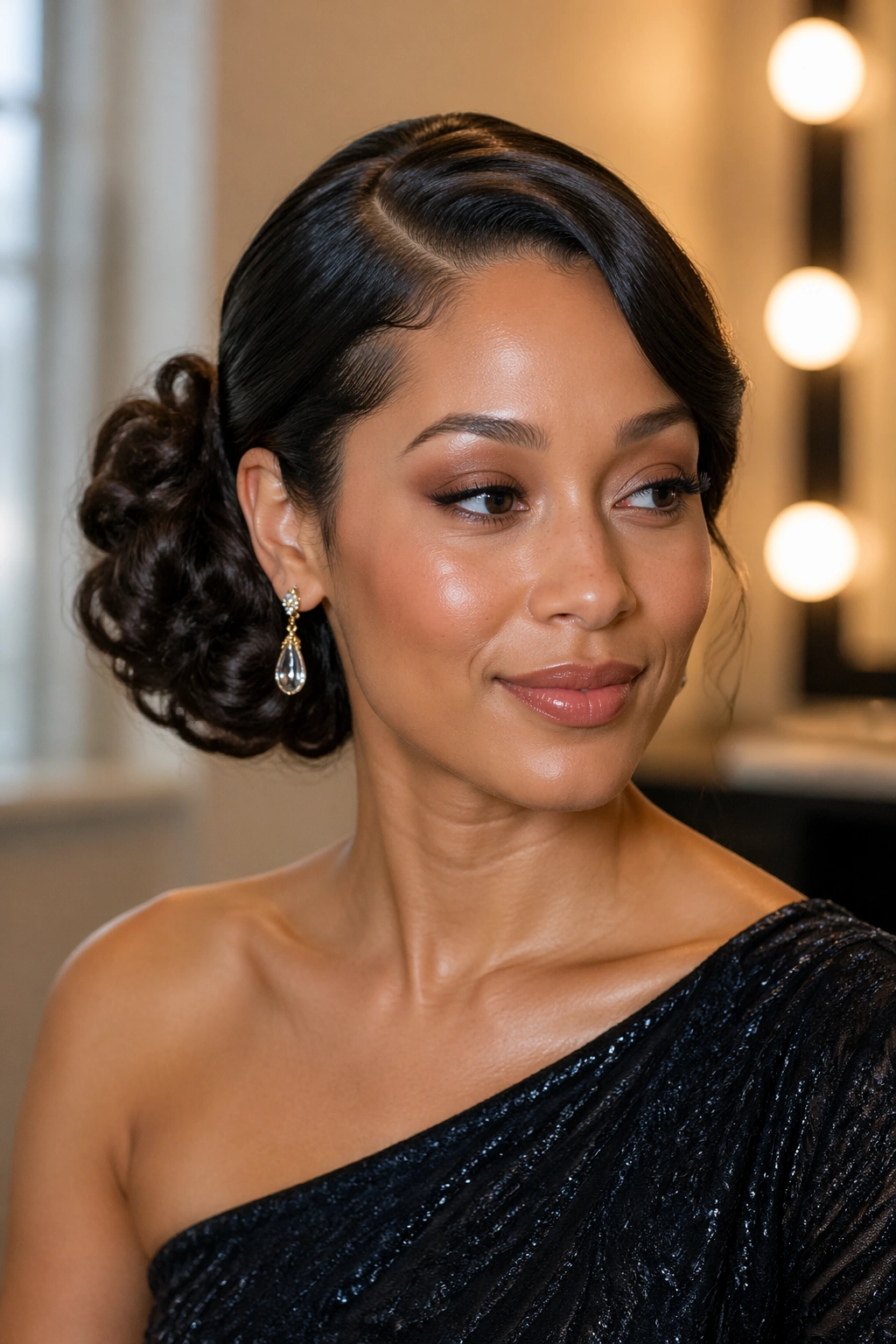 Close-up portrait of a real woman with a sculpted side bun and deep side part in a dressing room
