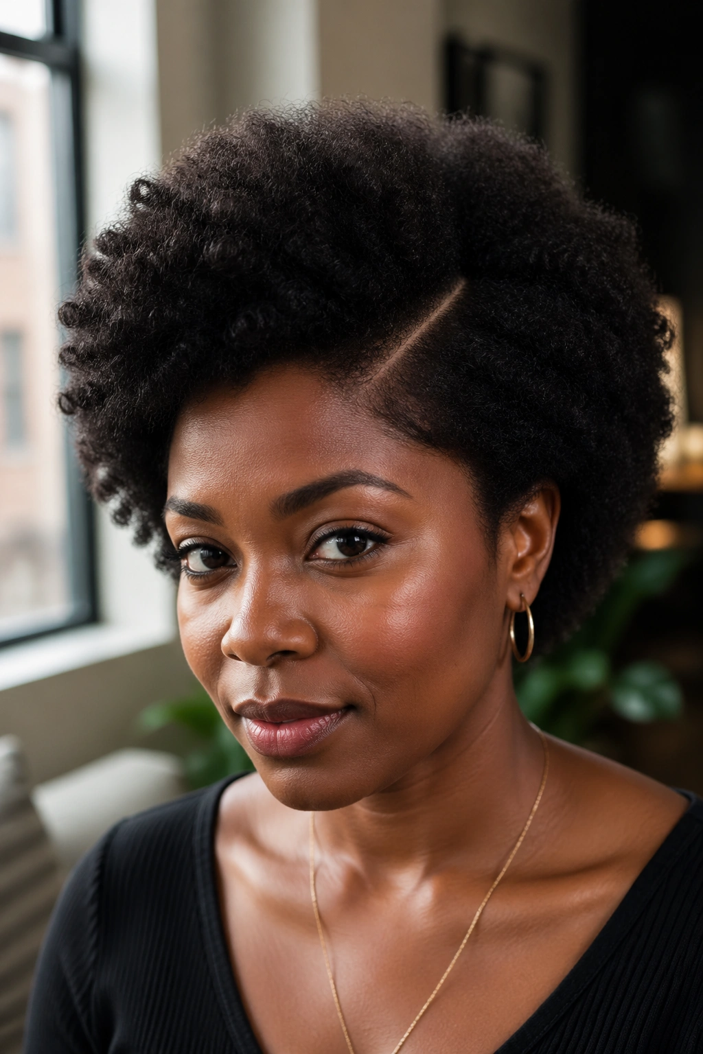 Portrait of woman with sculpted side part afro and crisp line at temple