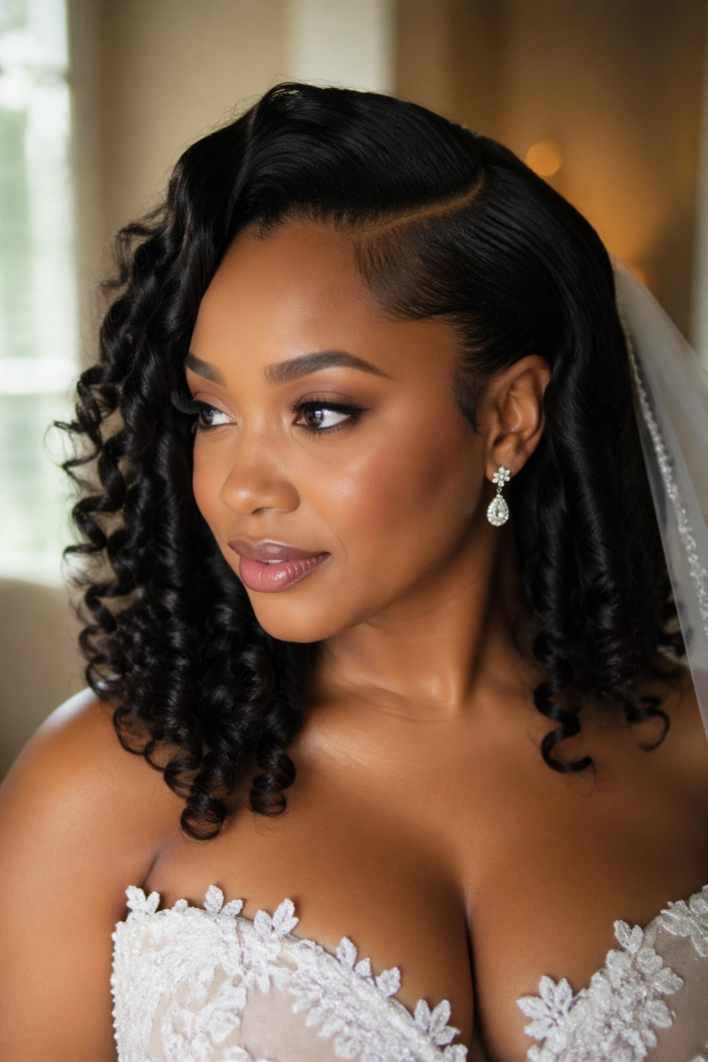 Close-up of a bride with sculpted side part and loose spiral curls.