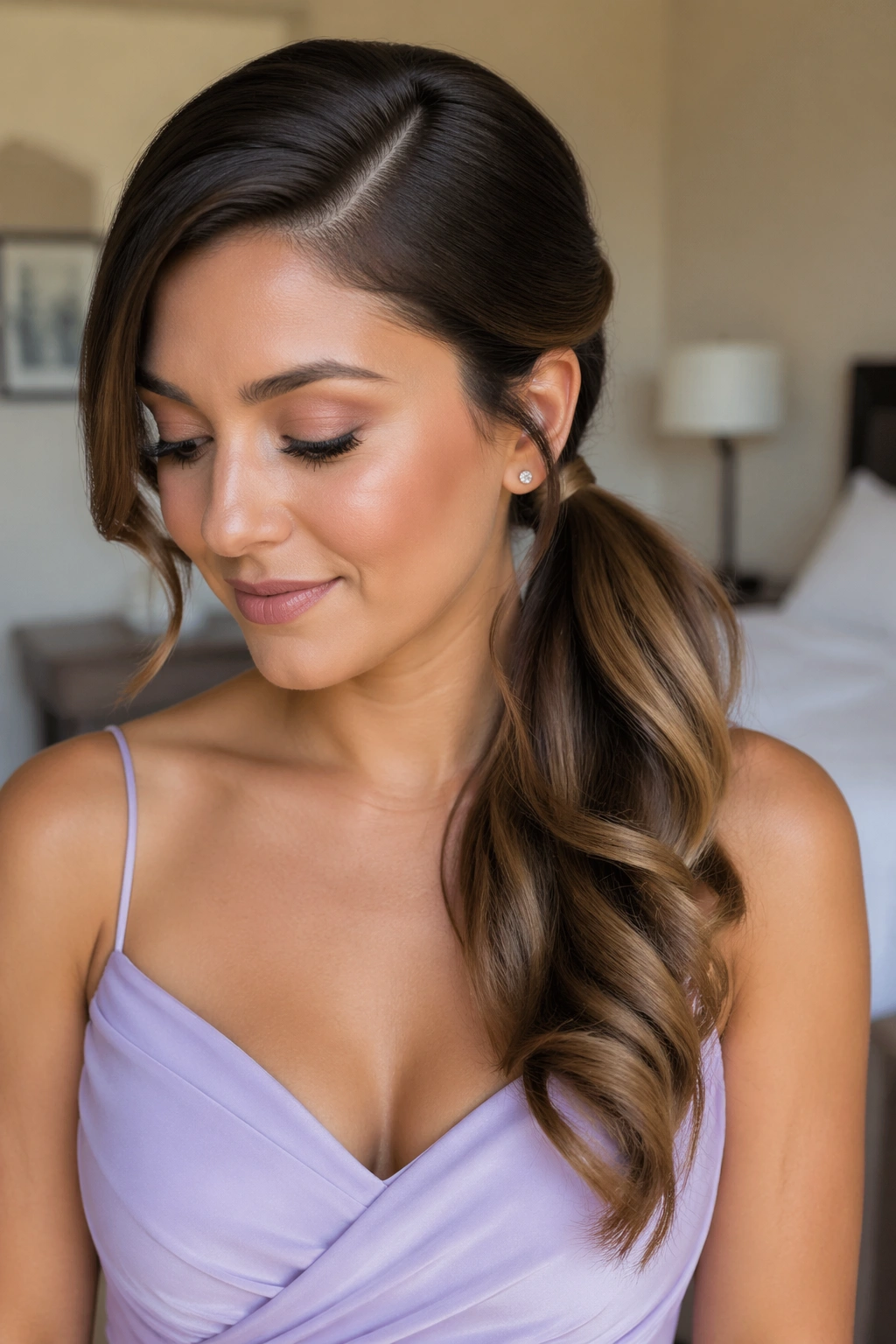 Real woman with sculpted side part and side ponytail
