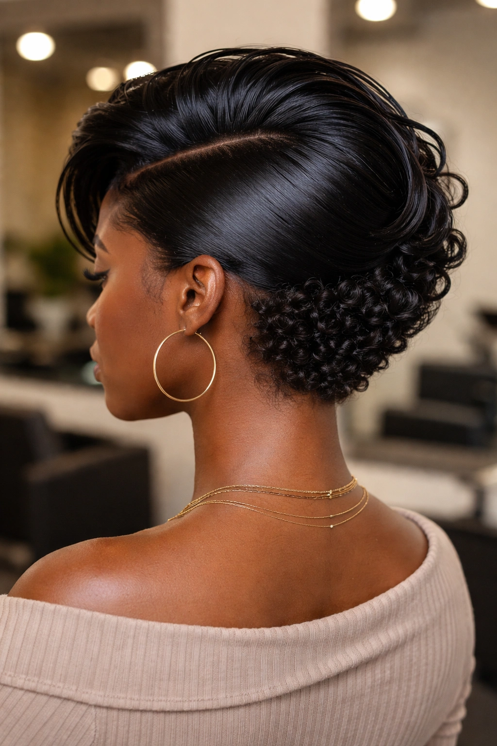 Close-up of a real woman's nape curls visibly defined under pressed sides