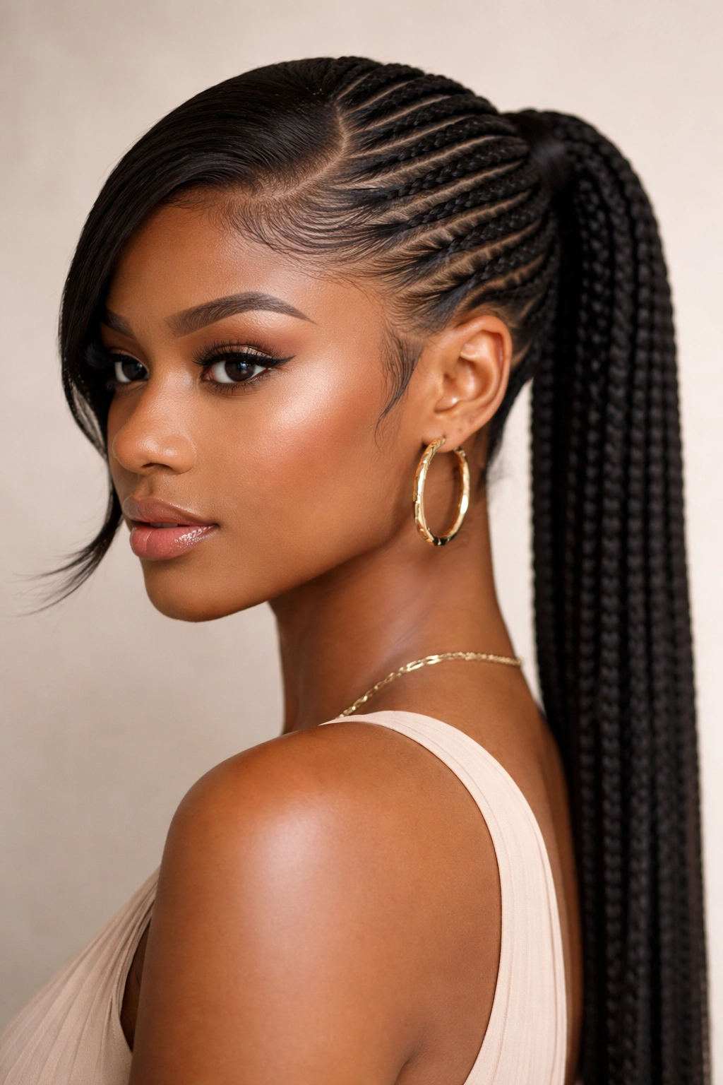 Close-up of a sculpted swoop cornrow ponytail with a curved front swoop integrated into tight cornrows