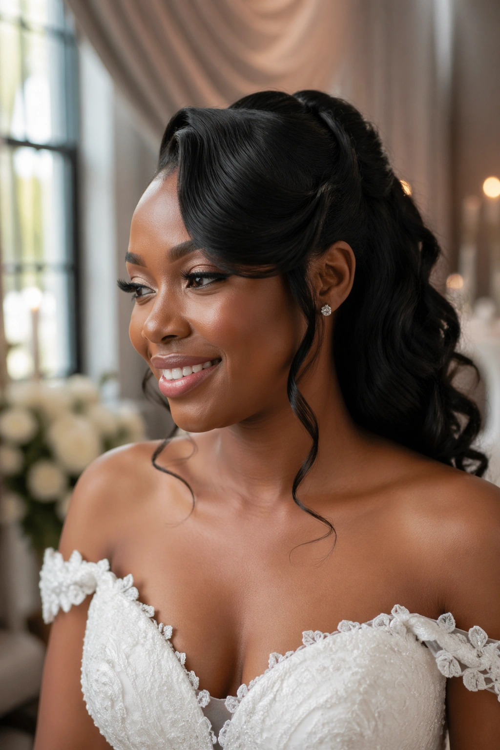 Real bride with sculpted swoop and loose curls in wedding setting