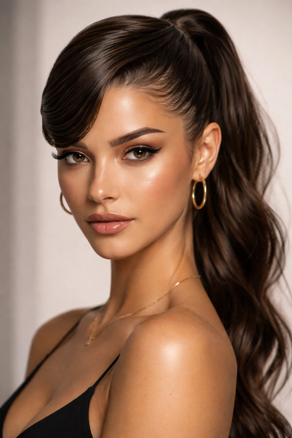 Frontal view with dramatic swoop and sleek ponytail.