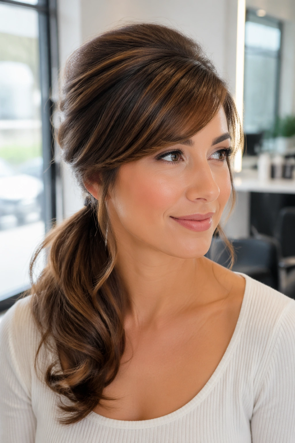 Close-up portrait of a real woman with sculpted volume and side-swept fringe in a side ponytail