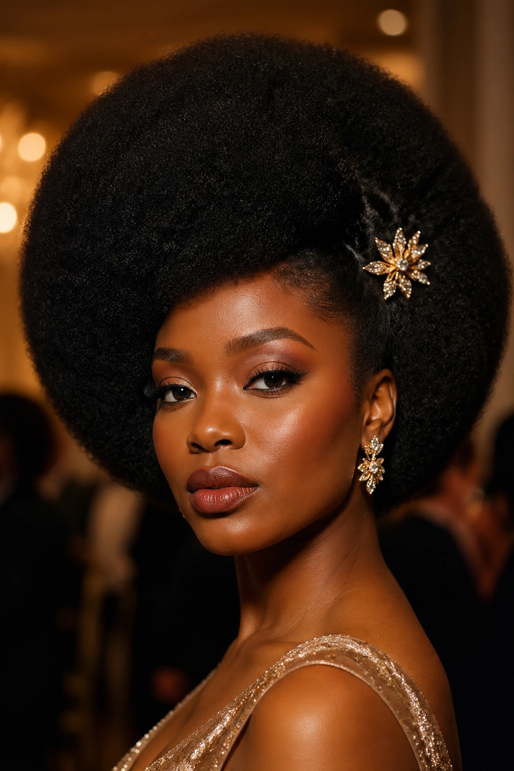 Portrait of a real person with a sculpted afro and halo shape, featuring a small gold clip at the temple