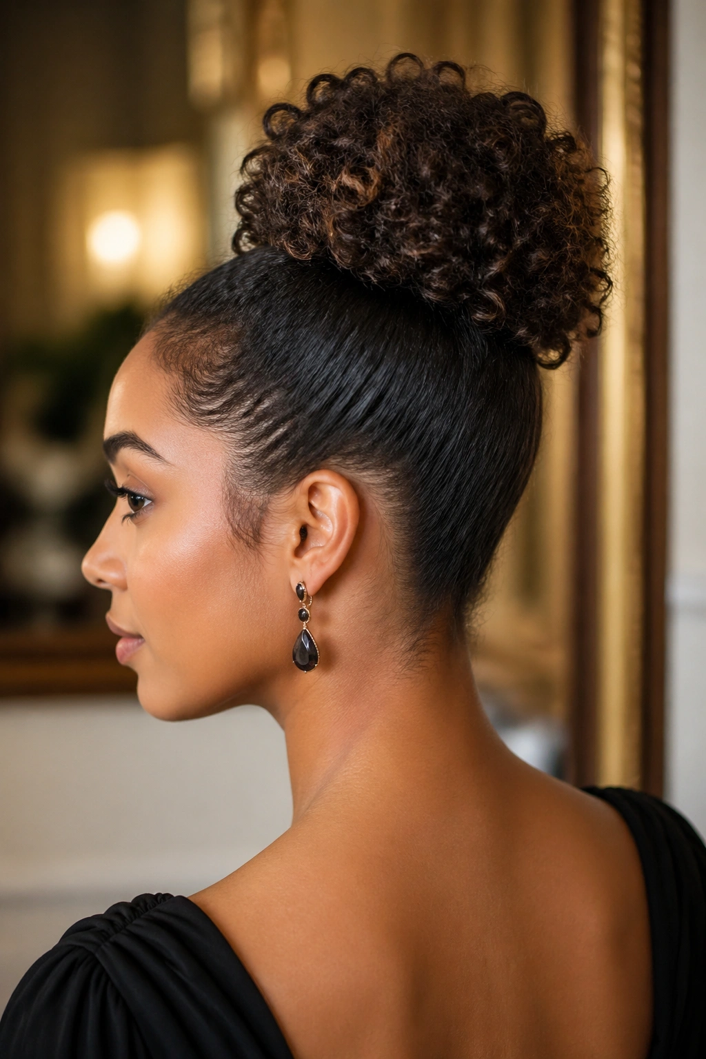 Close-up portrait of a woman with a high sculptural bun and exposed nape