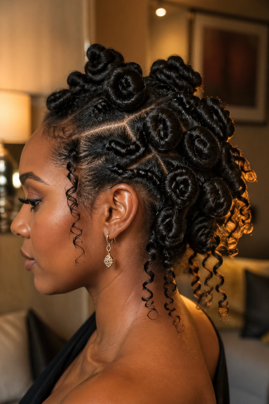 Close-up of a real woman with a sculptural coil-based updo