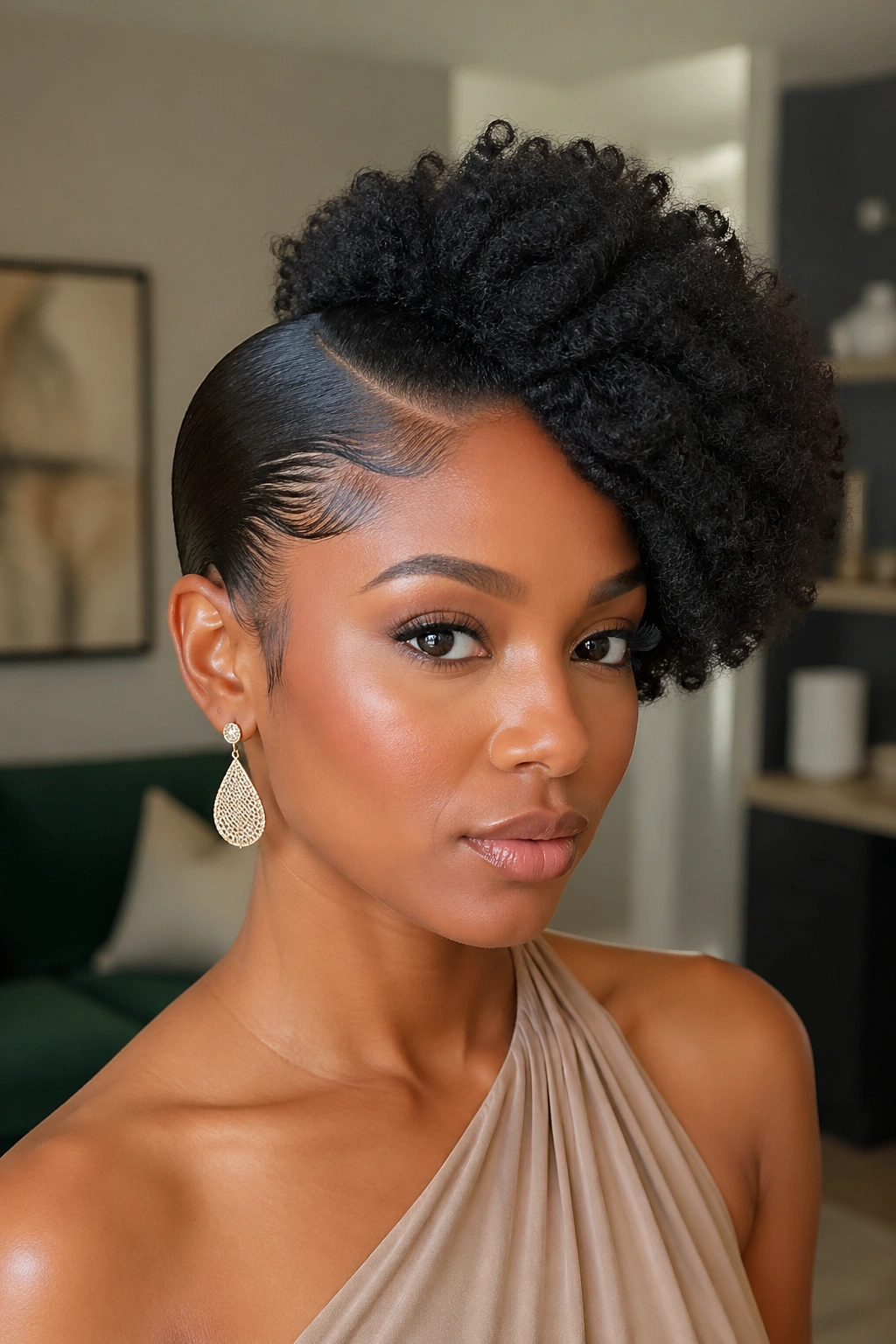 Close-up of a real woman with a sculptural side puff above the ear