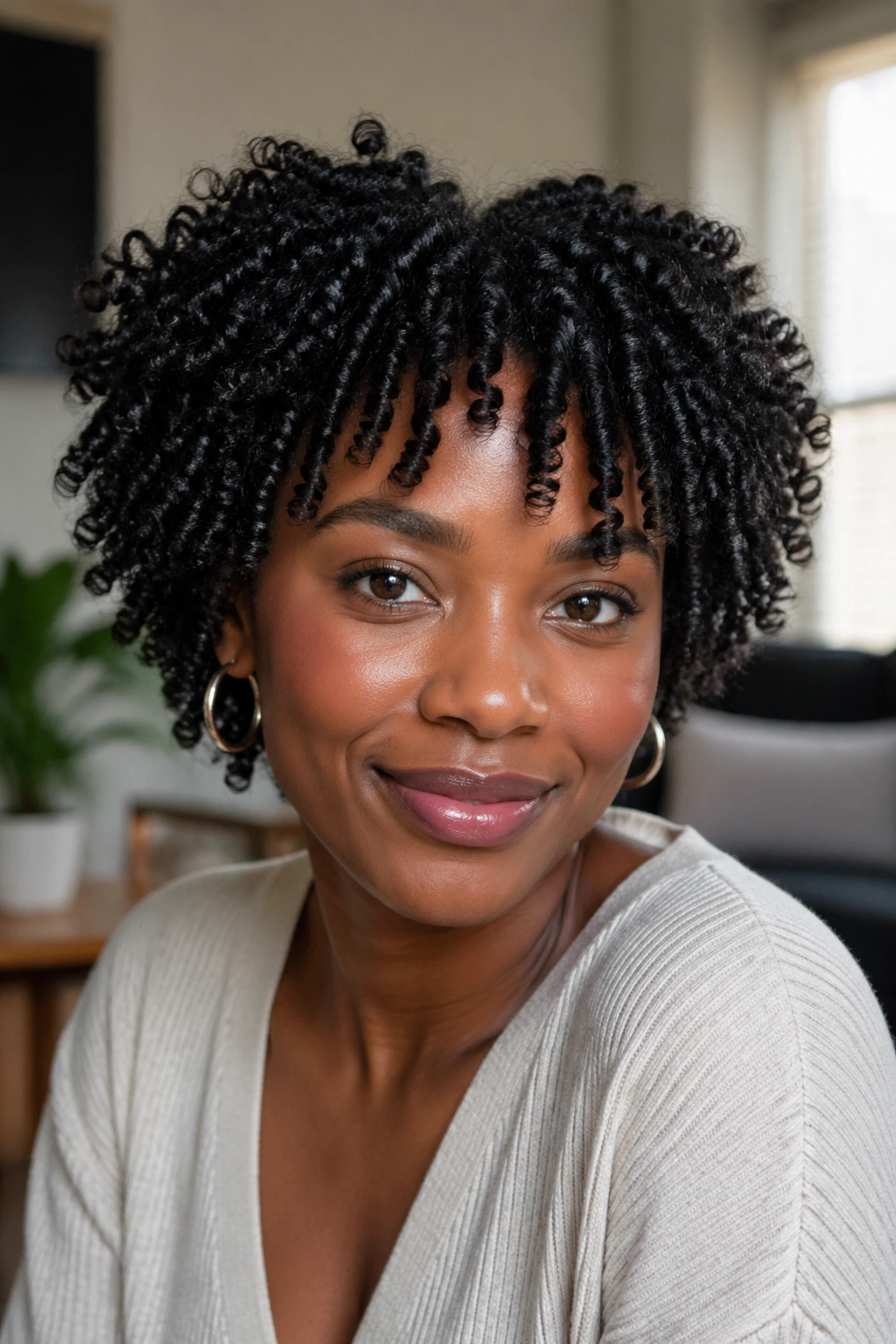 Real person with refreshed coil curls on day two in a cozy living room