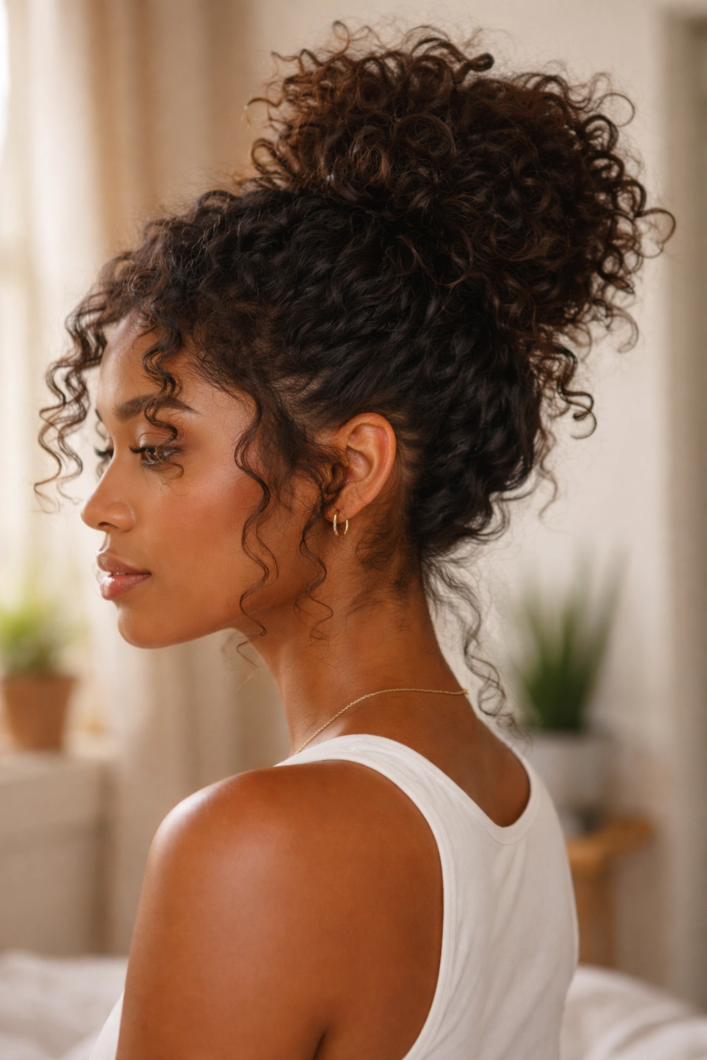 Close-up of a real woman with a messy bun on second-day curls in sunlit room